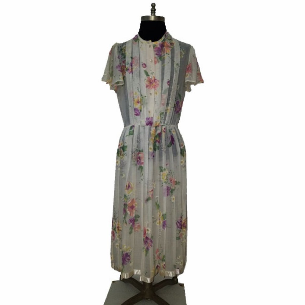 Vtg 70s Sheer White Floral Print Dress S